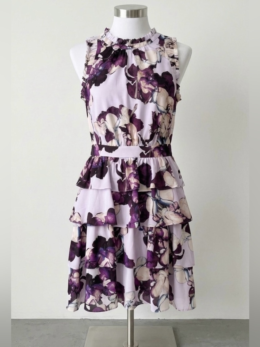 🌸 Banana Republic Lavender Floral Tiered Ruffle High Neck Mini Dress Size 2P